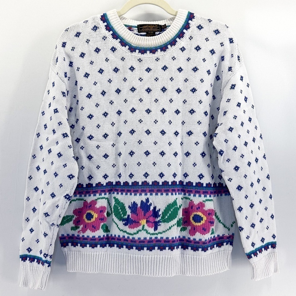 VINTAGE Eddie Bauer White Floral Grandma Sweater